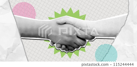 Halftone handshake collage. Win win deal, mixed media shaking hands symbolizing agreement, partnership and cooperation vector illustration. Halftone handshake collage. Win win deal, mixed media shaking hands symbolizing agreement, partnership and cooperation vector illustration. 115244444