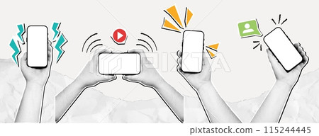 Halftone hand with smartphone mockup. Mixed media mobile phone screen, paper hands with devices vector set. 115244445