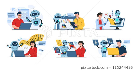 Ai work assistant. Bots helps people with programming, data analytics, scientific research, creative writing, generative art and language learning vector illustration set. 115244456