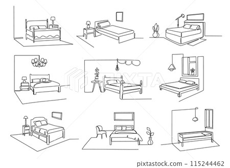 One line bedroom interiors. Cozy mattress or bed furniture promo designs. Minimalist line art vector illustration set. 115244462