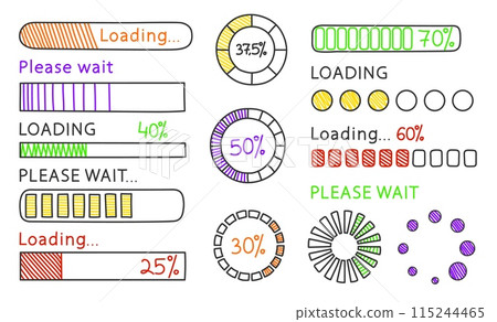 Hand drawn loading bar. Doodle progress indicators, circular download bar and sketch loading ui vector set. 115244465