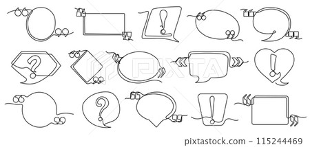 Continuous one line quote frames. Hand drawn speech and thought bubbles with exclamation points, question and quotation marks vector set. 115244469