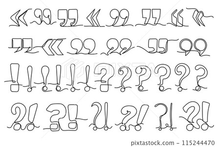 One line punctuation marks. Quote symbol, quotation marks, question and exclamation points, isolated hand drawn vector set. One line punctuation marks. Quote symbol, quotation marks, question and exclamation points, isolated hand drawn vector set. 115244470