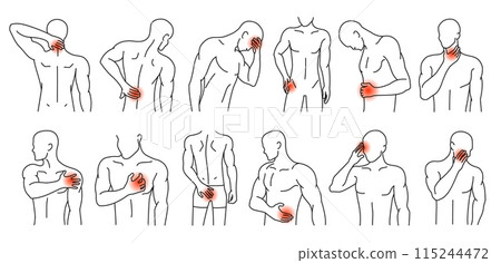 Human body pain spots. Man figures with highlighted areas of pain or discomfort, line art vector illustration set. Human body pain spots. Man figures with highlighted areas of pain or discomfort, line art vector illustration set. 115244472