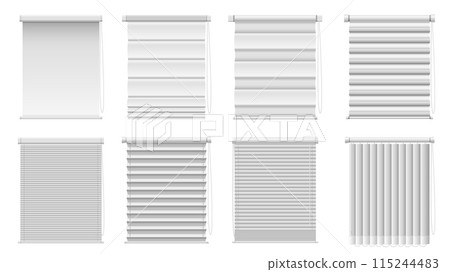 Realistic window blinds and shades. Window coverings set of roller, Venetian and vertical blinds, Roman and pleated shades isolated vector illustration. Realistic window blinds and shades. Window coverings set of roller, Venetian and vertical blinds, Roman and pleated shades isolated vector illustration. 115244483