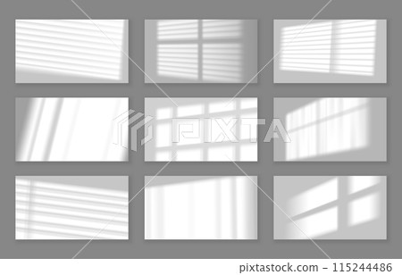 Realistic wall with gobo shadow. Window frame and blinds shadows cast on white studio background, lightning effect overlay vector set Realistic wall with gobo shadow. Window frame and blinds shadows cast on white studio background, lightning effect overlay vector set 115244486