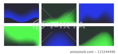 Dithering pattern wave background. Bitmap dynamic backdrop, pixelated duotone and wavy digital wallpaper vector set 115244490