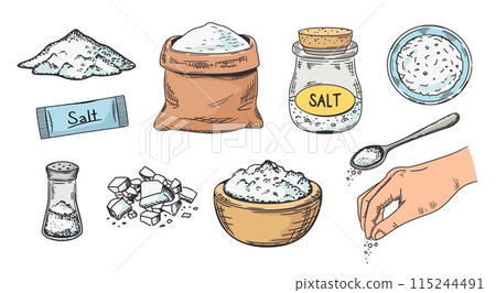 Sketch salt. Hand drawn pile of salt, corked glass jar and rock salt crystals. Seasoning vector illustration set 115244491