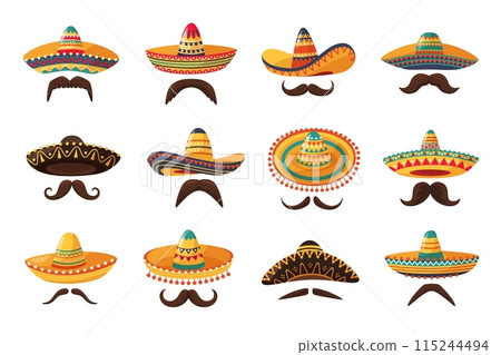 Mexican sombrero hats and mustache. Traditional sombreros with ethnic patterns, Mexico style masks cartoon vector set 115244494