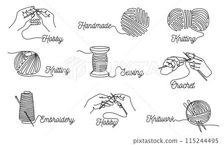 One line sewing and yarn. Knitting lettering, handicraft embroidery hobby and handmade knit work emblem designs vector set 115244495