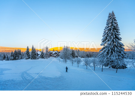 Cross-country skiing on winter evening. Samalova Hut on Nova louka in Jizera Mountains, Czech Republic 115244530