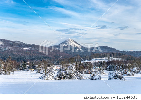 Winter hilly landscape of Lusatian Mountains with Klic Mountain in the middle. Czech Republic 115244535