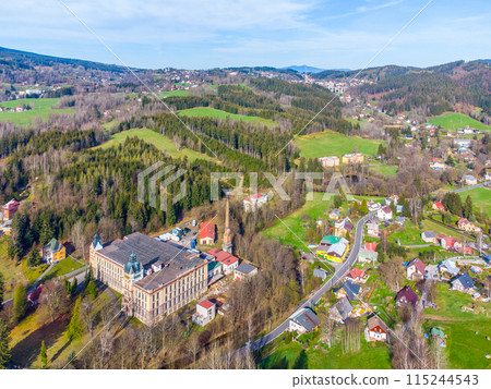 Horni Tanvald in Jizera Mountains, Czech Republic. Aerial view from drone. 115244543