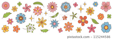 Set Trendy groovy wildflower 70s Vintage style 115244586