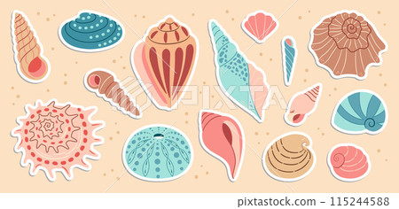 Sea shells sticker set. Trendy flat style Hand drawn seashell collection. 115244588