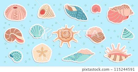 Sea shells sticker set. Trendy flat style Hand drawn seashell collection. 115244591