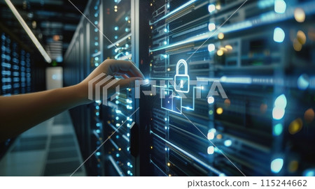 Hand Reaching for Digital Lock on Server Room Screen 115244662