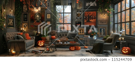 Cozy Halloween Living Room Decor With Fall Foliage and Pumpkins 115244709