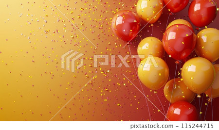 Red And Yellow Balloons With Confetti Falling On Orange Background 115244715