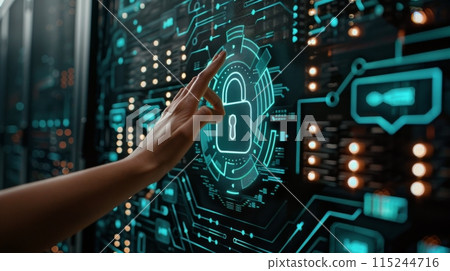 Hand Reaching for Digital Lock on Server Room Screen 115244716