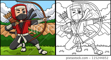Ninja with Bow and Arrow Coloring Illustration 115244852