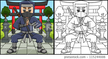 Ninja doing Hand Seals Coloring Page Illustration 115244886