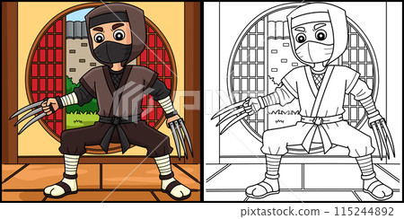 Ninja with Claws Coloring Colored Illustration 115244892
