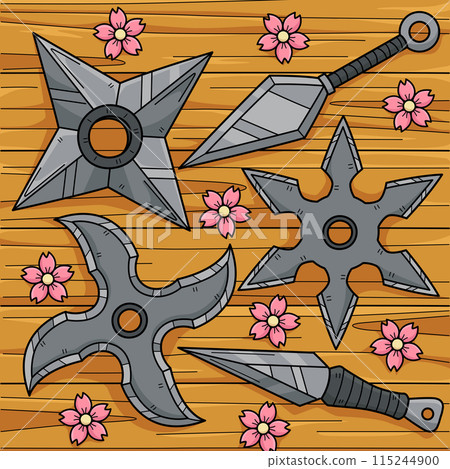 Ninja Shuriken and Kunai Colored Cartoon 115244900