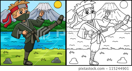 Ninja Doing Martial Arts Coloring Illustration 115244901
