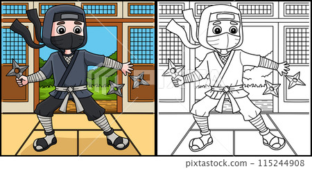 Ninja Throwing a Shuriken Coloring Illustration 115244908