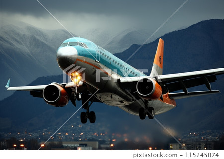 Large passenger plane taking off with mountains and clouds in the background. 115245074