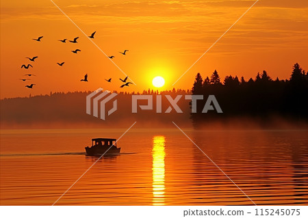 Motorboat Gliding on Lake in Evening Sunlight with Flying Swans. 115245075