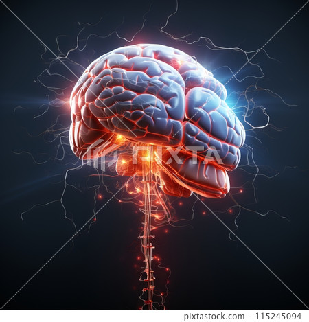 Electric Mind. Brains Lightning Flashes, Cognitive Activity on Dark Background. 115245094