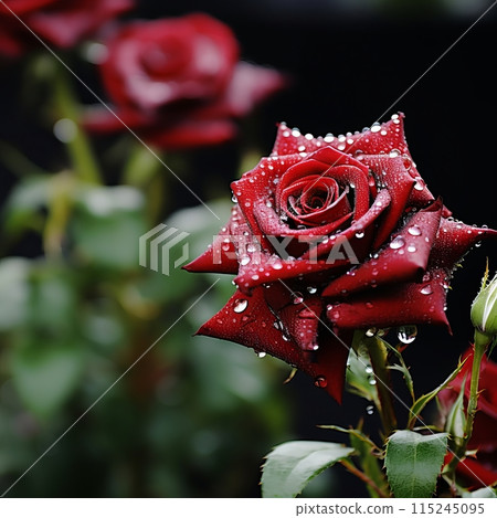 Close-Up View of Raindrops on a Red Rose with Reflective Greenery Background. 1:1 115245095