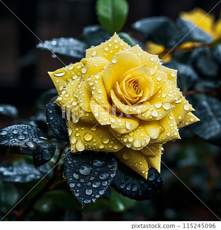 Raindrops Close-up on Yellow Rose with Vibrant Greenery - Fresh and Serene Vibe 115245096