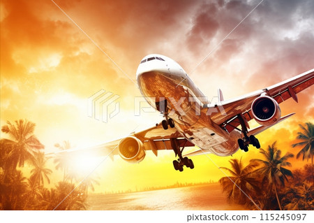 Hand-drawn. Large passenger plane flying low over palm trees. Sunset. 115245097