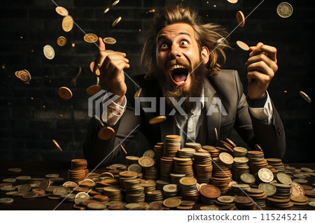 Joyful man laughing amidst a cascade of money, radiating positivity. 115245214