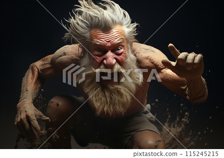 A wrinkled middle-aged man running in mud. Black background. 115245215