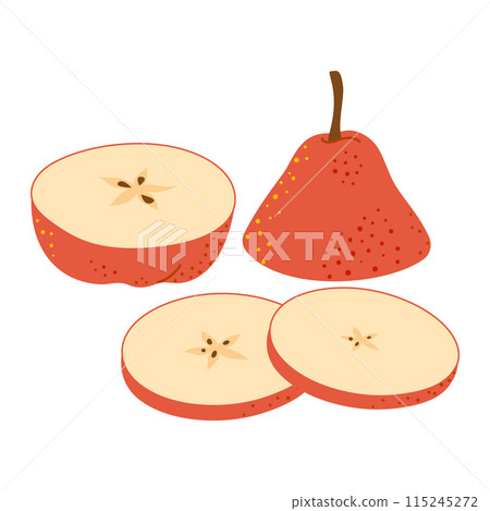 Cut ripe red pear cartoon icon. Hand drawncartoon trendy flat style 115245272