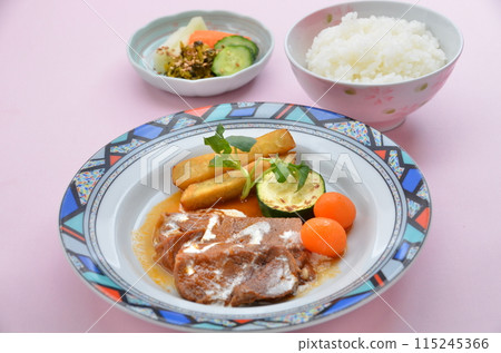 A set of tongue stew and grilled vegetables with a Japanese touch A set of tongue stew and grilled vegetables with a Japanese touch 115245366