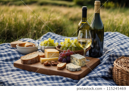 A picnic on green grass with wine and cheese 115245469