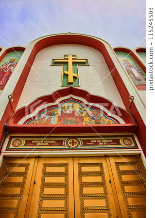 Doors below religious mosaic on exterior of Holy Virgin Cathedral Joy of All Who Sorrow Doors below religious mosaic on exterior of Holy Virgin Cathedral Joy of All Who Sorrow 115245503