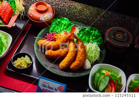 Display of Ebi Furai Tei dish with fake or toy food items 115245511