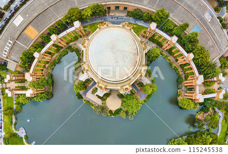 Downward aerial panorama Palace of Fine Arts with water around building Downward aerial panorama Palace of Fine Arts with water around building 115245538