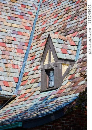 Colorful roof with varying red and blue tiles and tiny window with triangle roof piece Colorful roof with varying red and blue tiles and tiny window with triangle roof piece 115245601