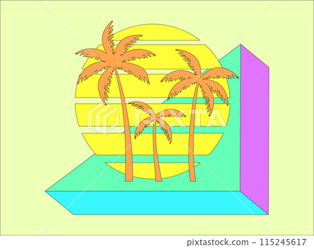 3d triangle with palm trees at sunset in 80s style. Retro futuristic sunset with palm trees in synthwave and retrowave style. Design for printed, banners and posters. Vector illustration 3d triangle with palm trees at sunset in 80s style. Retro futuristic sunset with palm trees in synthwave and retrowave style. Design for printed, banners and posters. Vector illustration 115245617