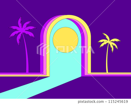 Isometric arch with palm trees on the sides and a view of the sun in a minimalist style. Surreal composition, light from the arch. Design for banners, posters and prints. Vector illustration 115245619