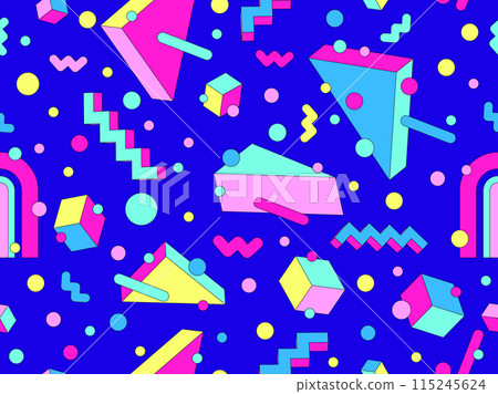 Memphis geometric seamless pattern with 3D shapes in 80s and 90s style. Isometric geometric 3D shapes. Colorful geometric background design for wrappers, covers and wallpapers. Vector illustration 115245624
