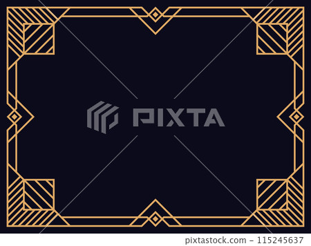 Art deco frame. Vintage linear border. Design a template for invitations, leaflets and greeting cards. Geometric golden frame. The style of the 1920s - 1930s. Vector illustration Art deco frame. Vintage linear border. Design a template for invitations, leaflets and greeting cards. Geometric golden frame. The style of the 1920s - 1930s. Vector illustration 115245637