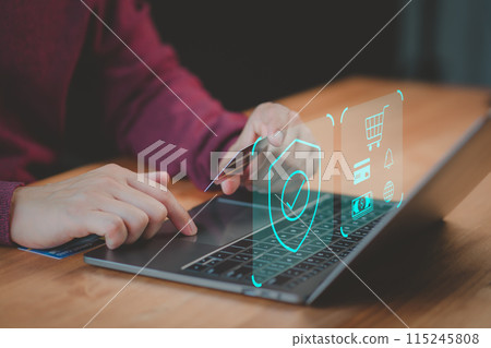 Customer purchase product online and pay for product via credit card with sign of security protection system on virtual screen. Standard, warranty, Cyber security. Shopping on online application. 115245808
